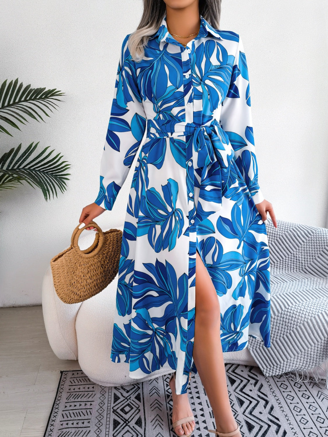 Tied Button Up Long Sleeve Dress.
