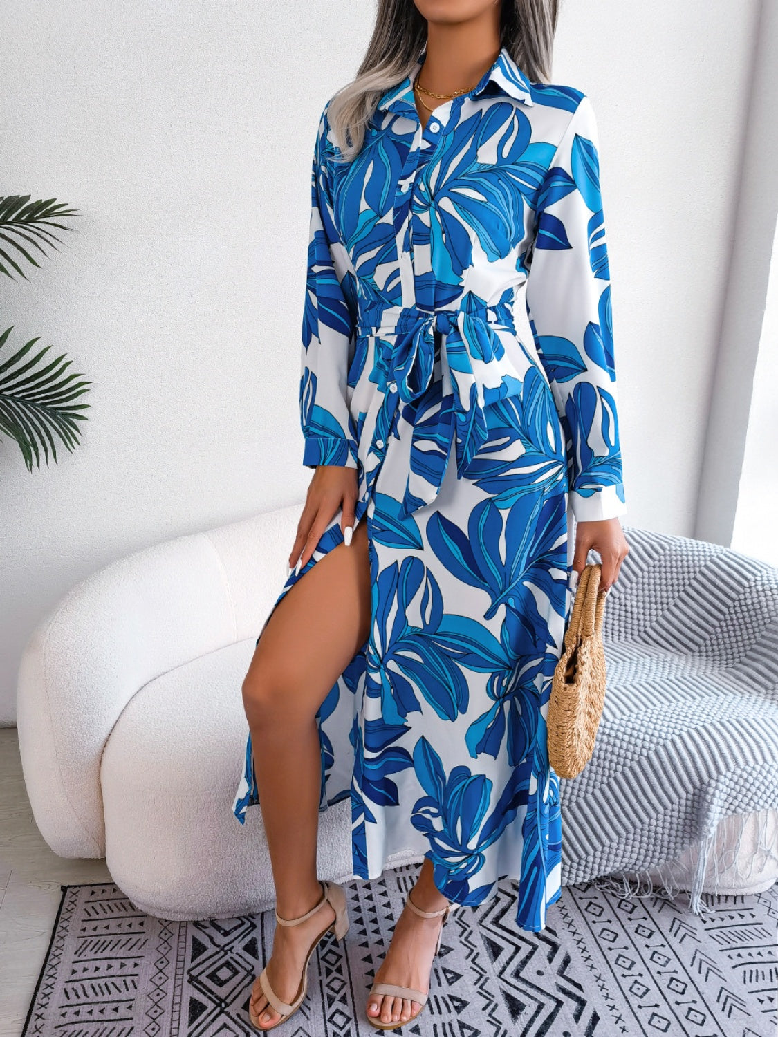 Tied Button Up Long Sleeve Dress.