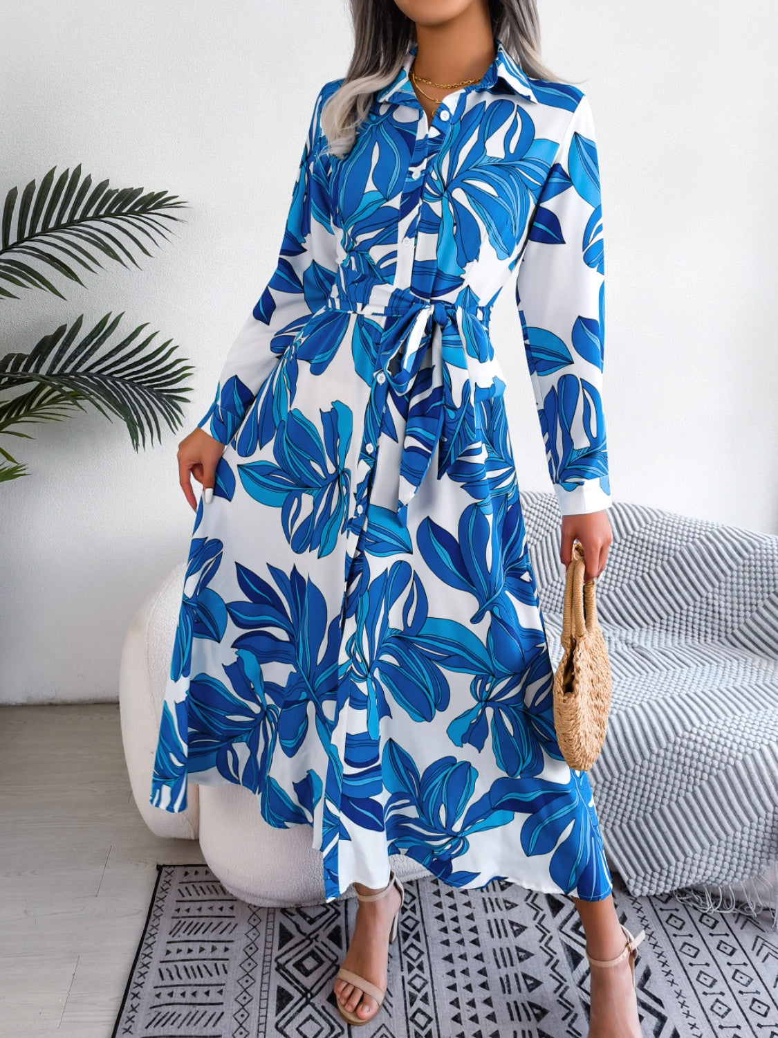 Tied Button Up Long Sleeve Dress.