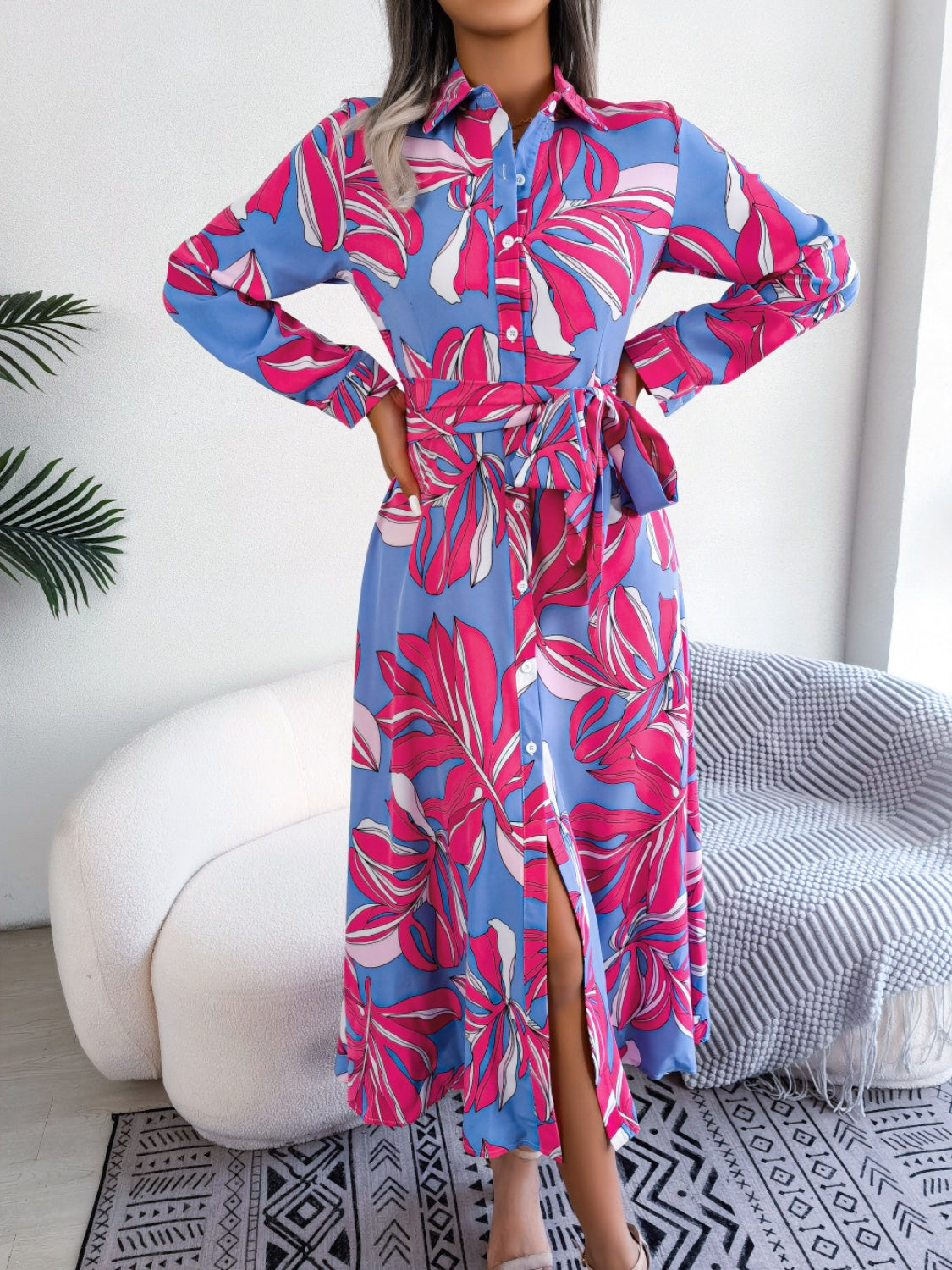 Tied Button Up Long Sleeve Dress.