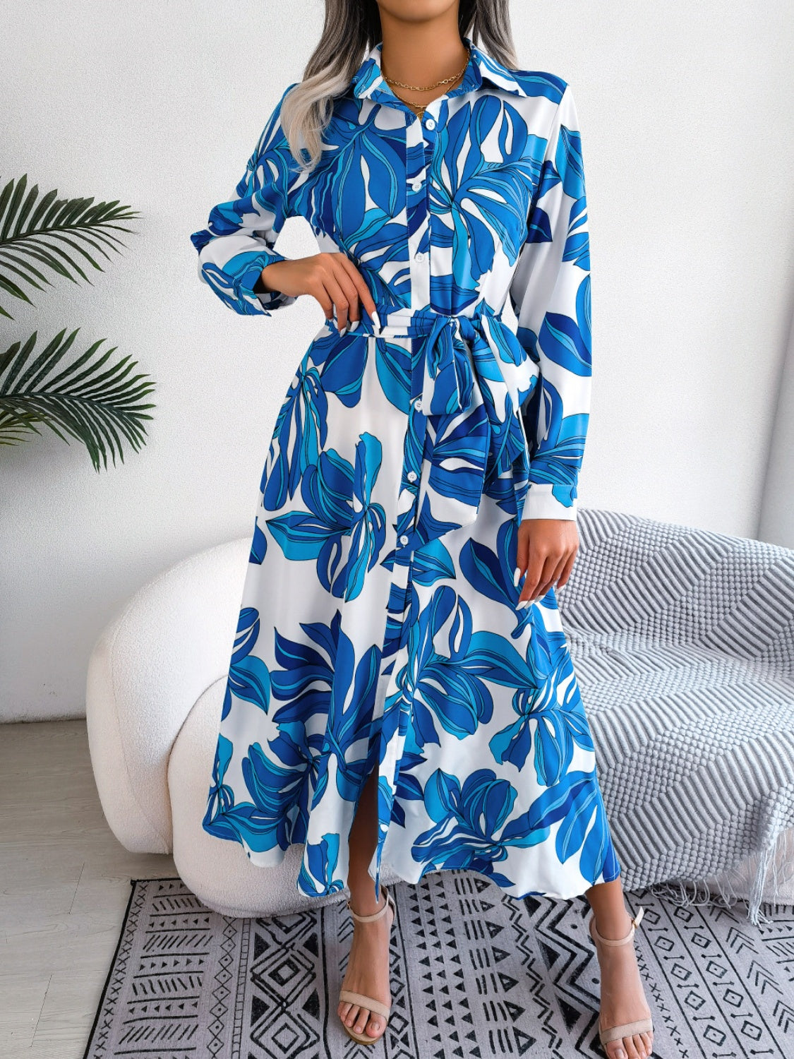 Tied Button Up Long Sleeve Dress.