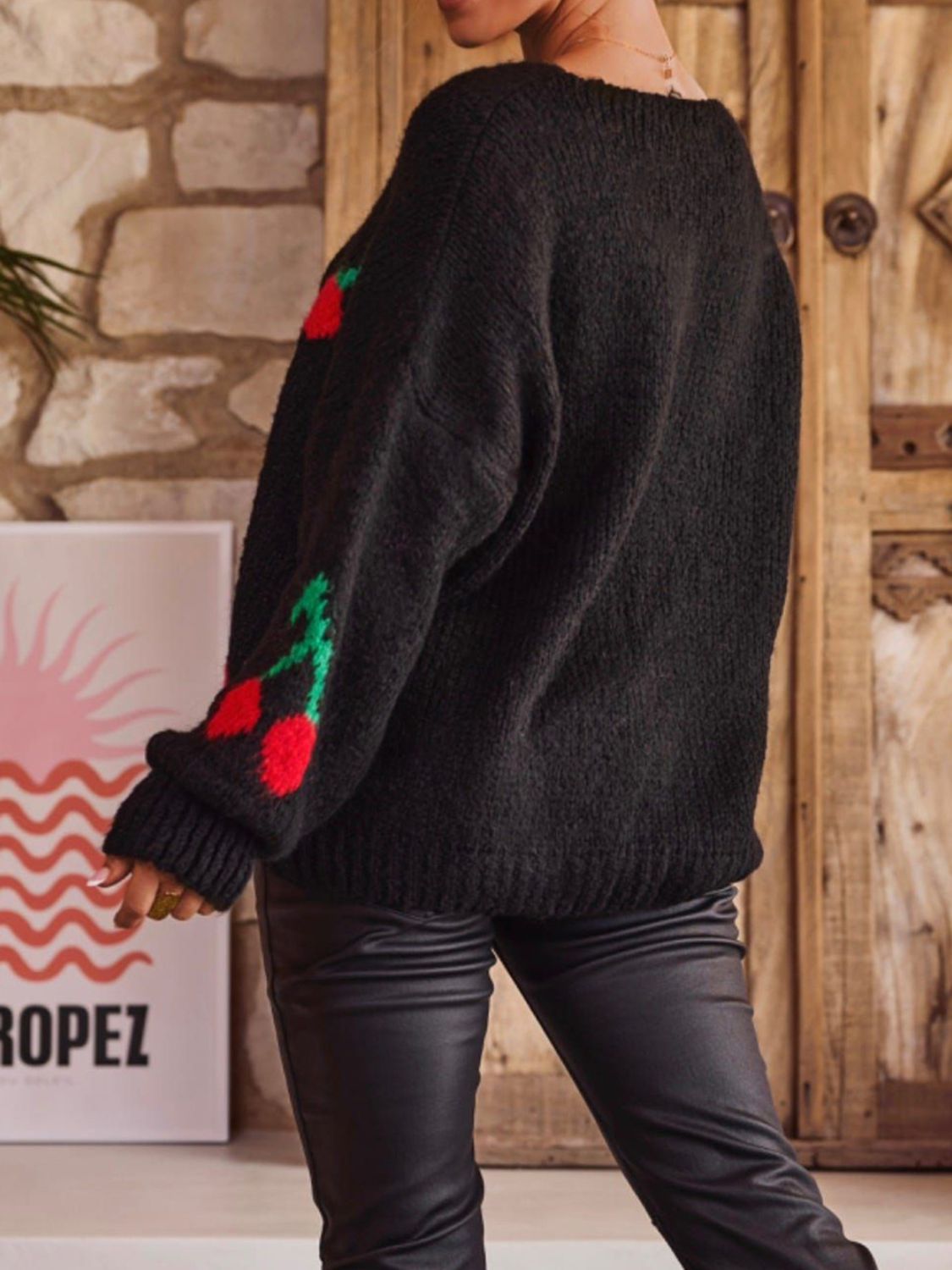 Tied cherry print round neck long sleeve cardigan.