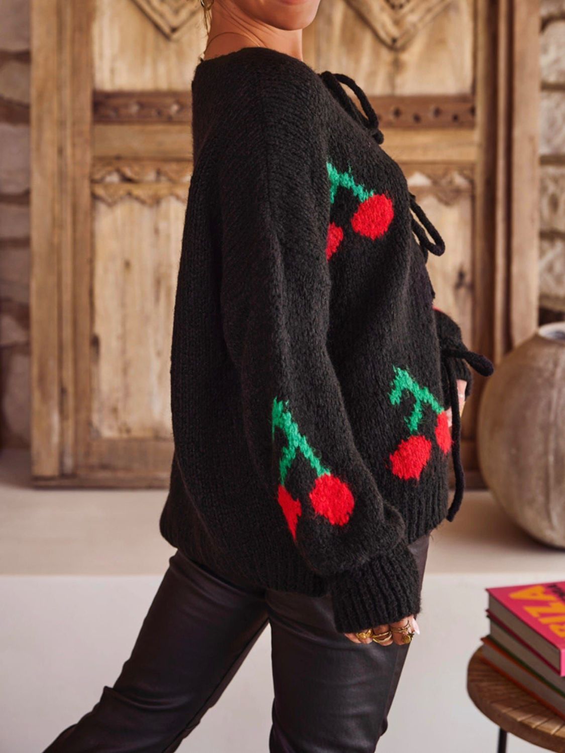 Tied cherry print round neck long sleeve cardigan.