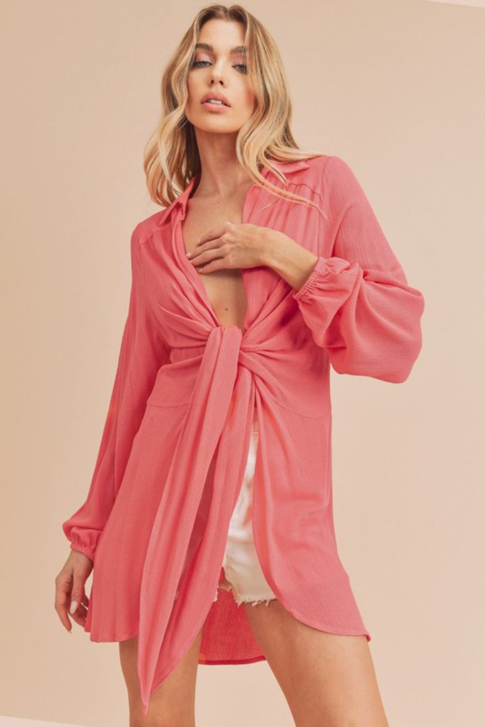 Aemi Co Tied Collared Neck Long Sleeve Top.