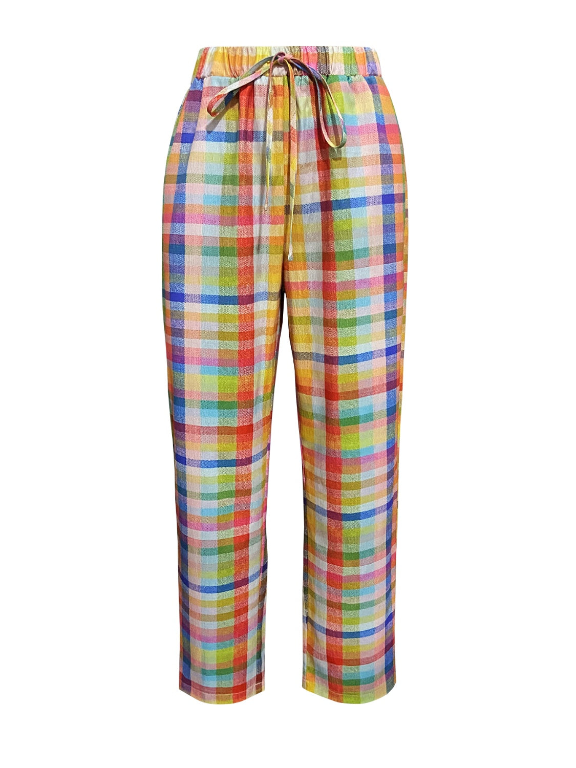 Tied contrast plaid pants with pockets, opaque.