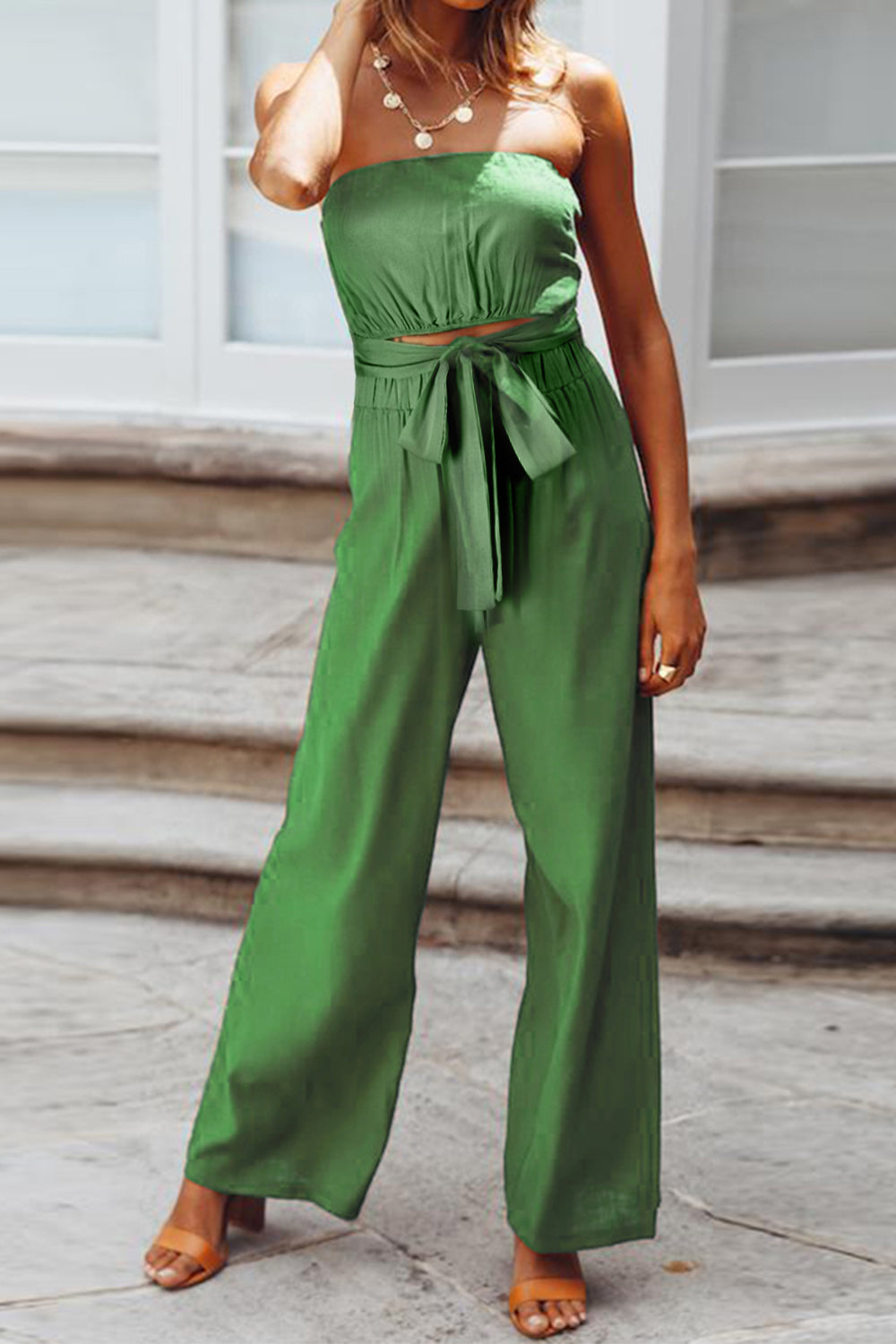 Frill Smocked Wide Leg Jumpsuit.