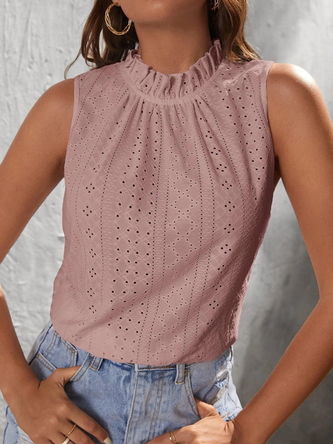 Tied eyelet mock neck tank, opaque and slightly stretchy.
