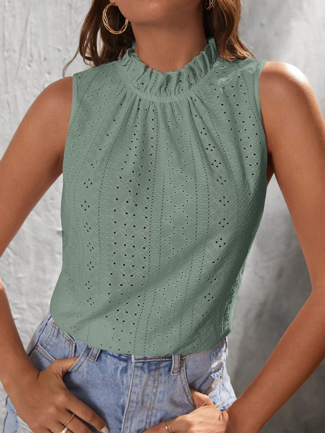Tied eyelet mock neck tank, opaque and slightly stretchy.