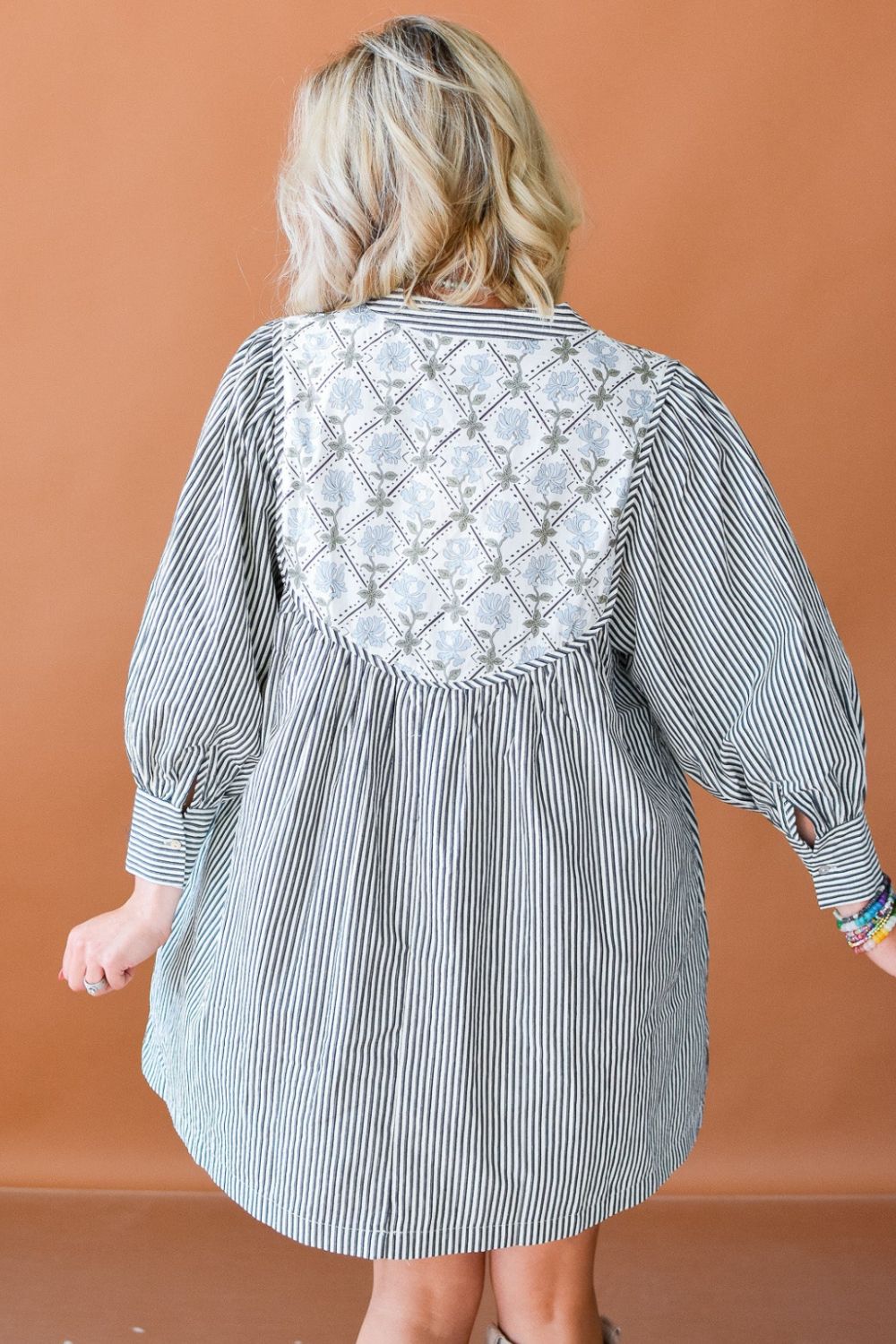 Tied Floral Printed Striped Long Sleeve Dress.