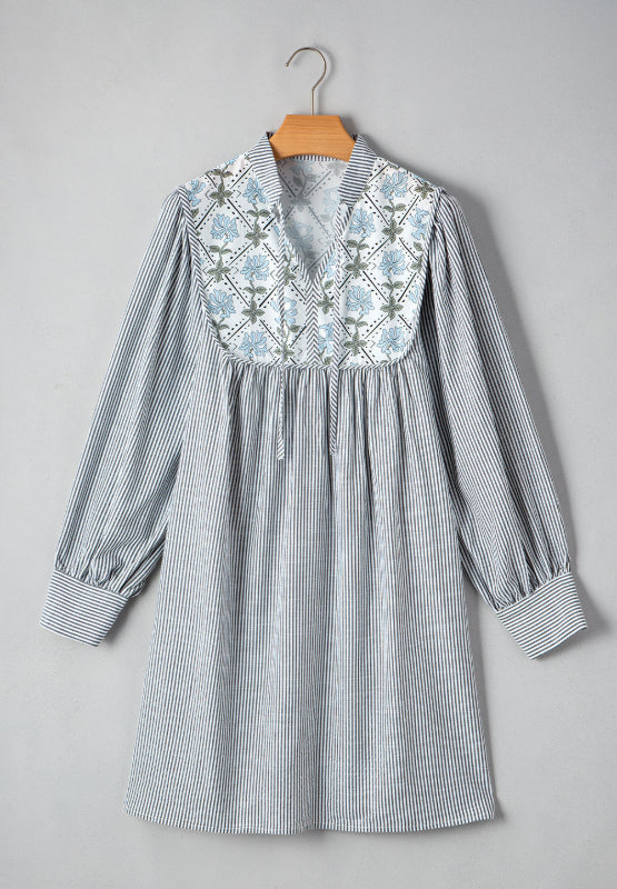 Tied Floral Printed Striped Long Sleeve Dress.
