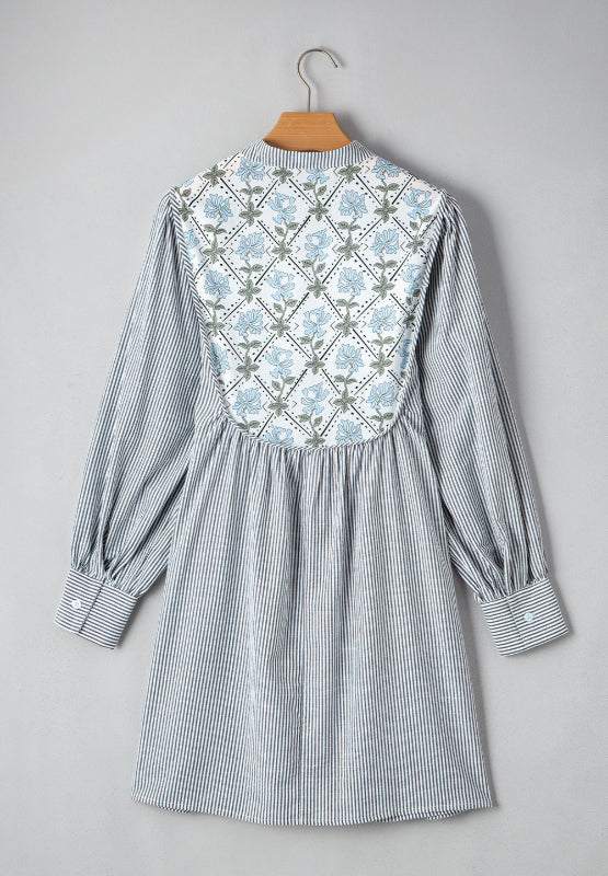 Tied Floral Printed Striped Long Sleeve Dress.