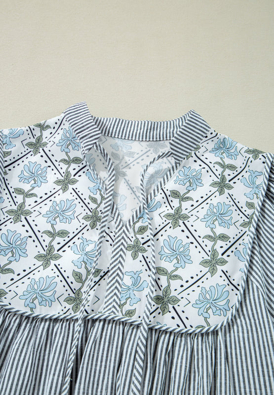 Tied Floral Printed Striped Long Sleeve Dress.
