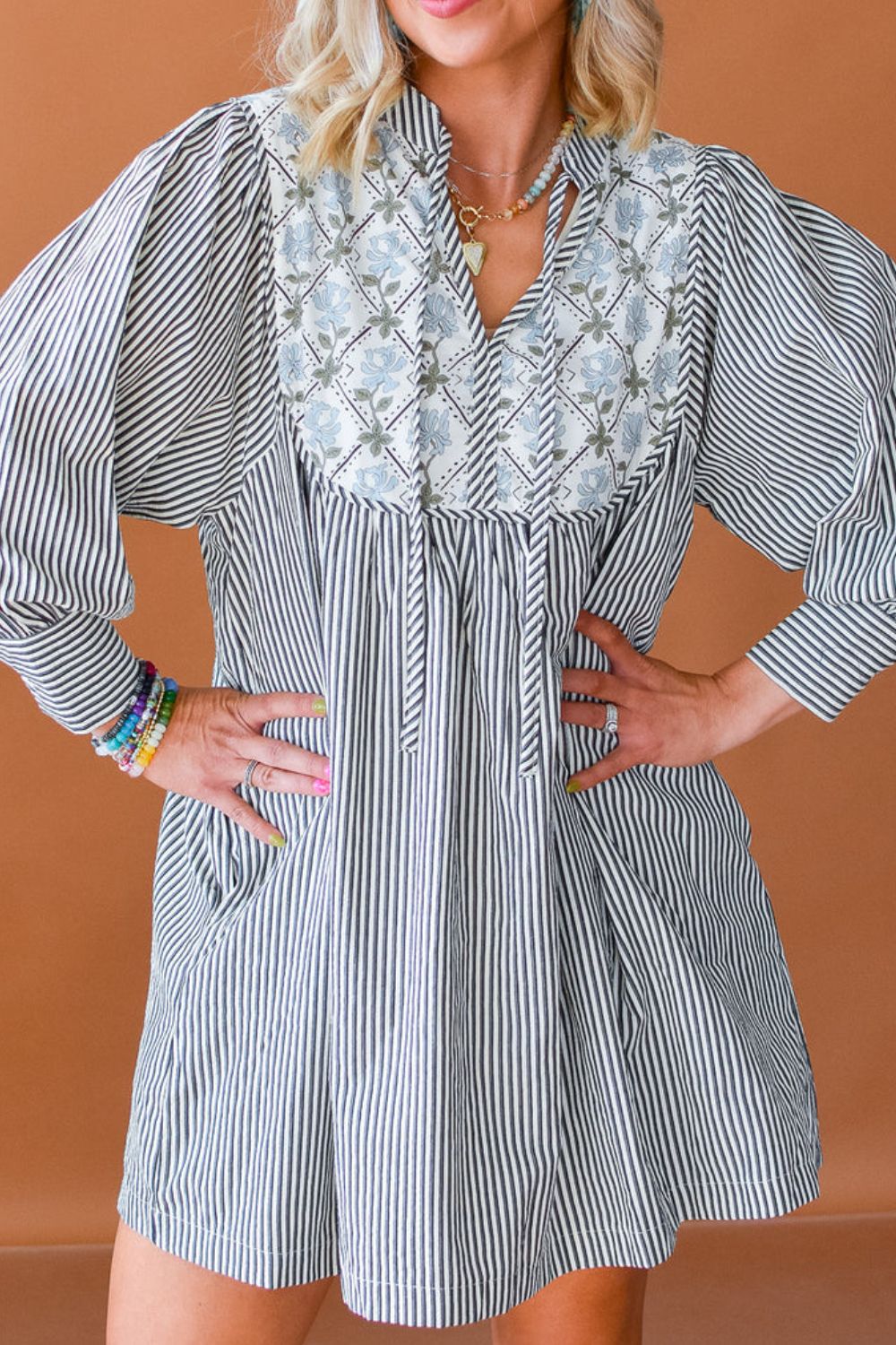 Tied Floral Printed Striped Long Sleeve Dress.
