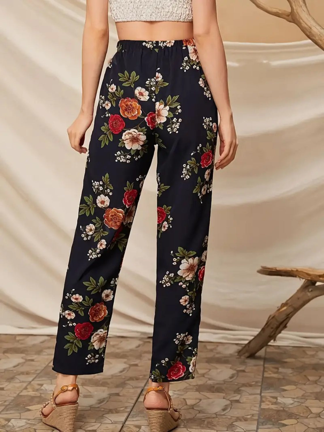Tied floral straight pants, opaque.