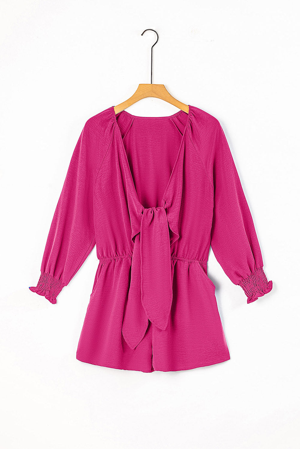 Tied Flounce Sleeve Plunge Romper with Pockets.