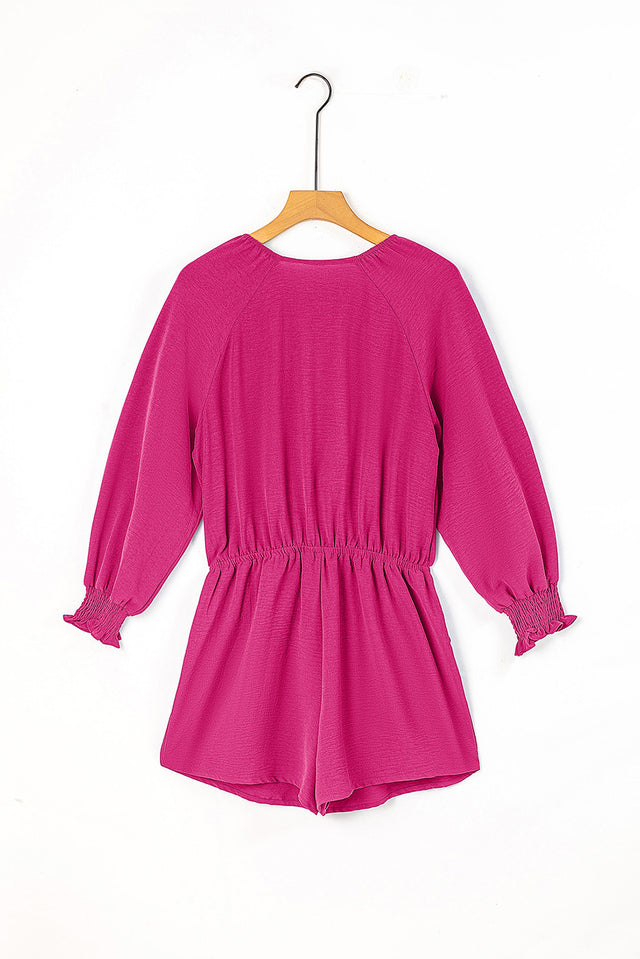 Tied Flounce Sleeve Plunge Romper with Pockets.