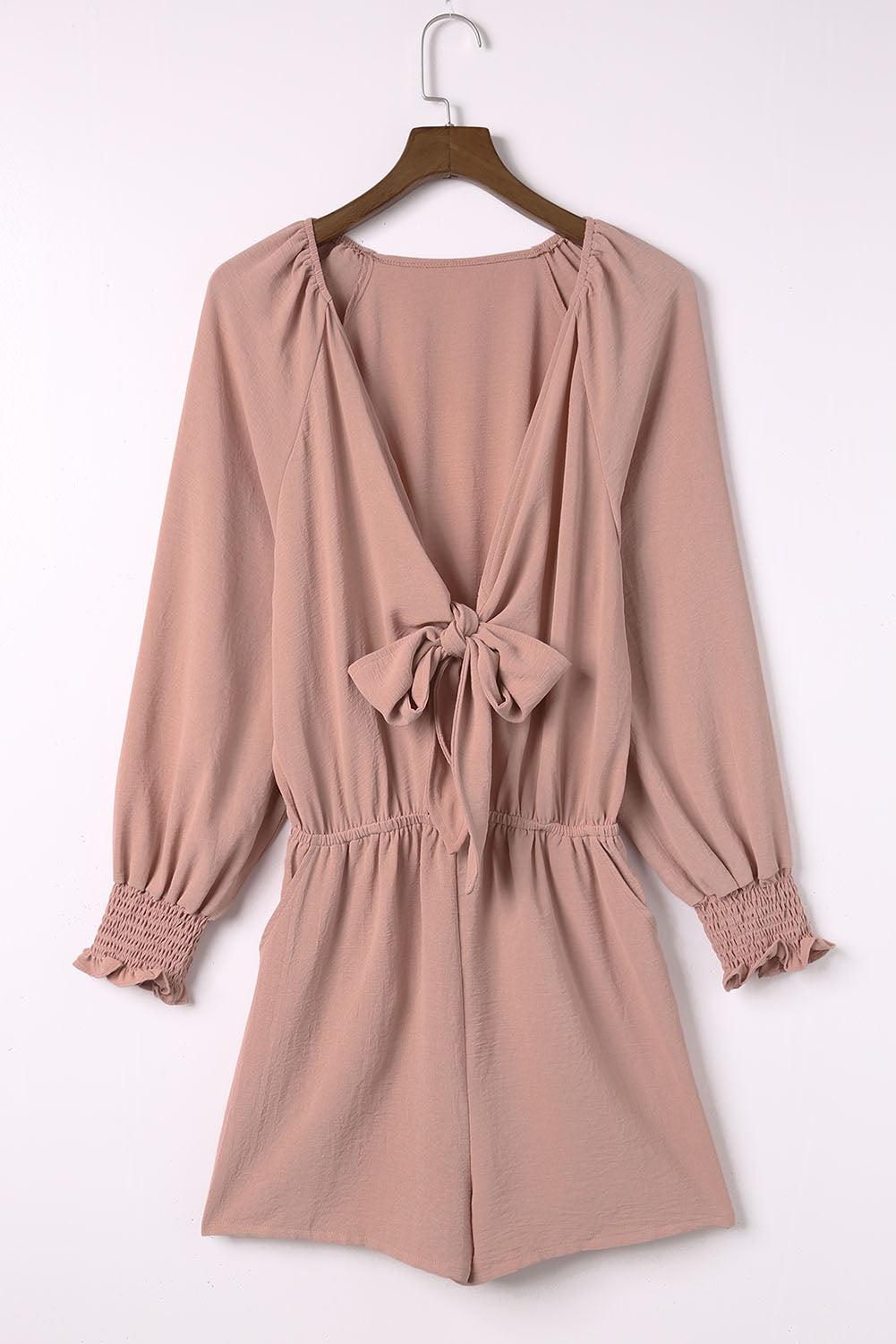 Tied Flounce Sleeve Plunge Romper with Pockets.
