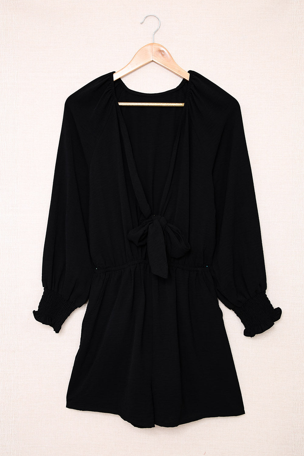 Tied Flounce Sleeve Plunge Romper with Pockets.