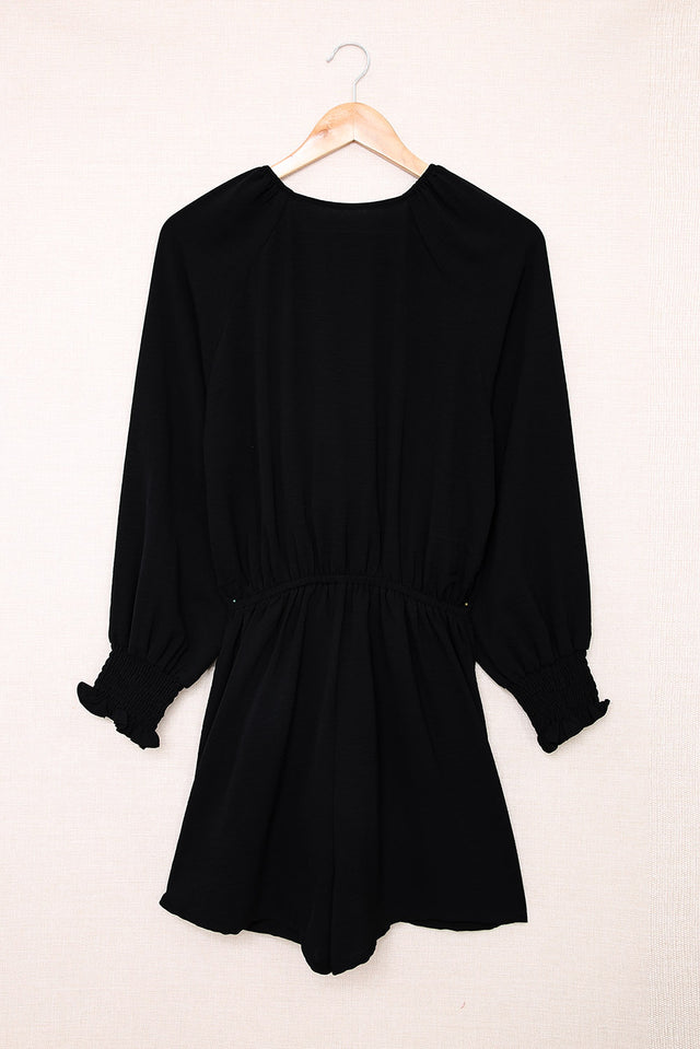 Tied Flounce Sleeve Plunge Romper with Pockets.
