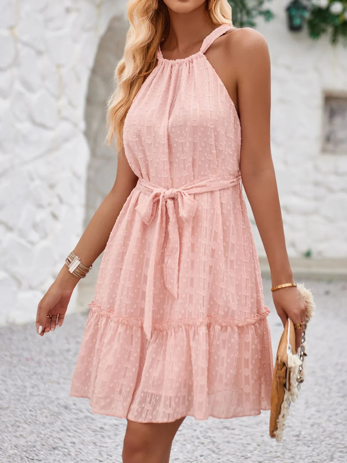 Tied Frill Sleeveless Mini Cami Dress.