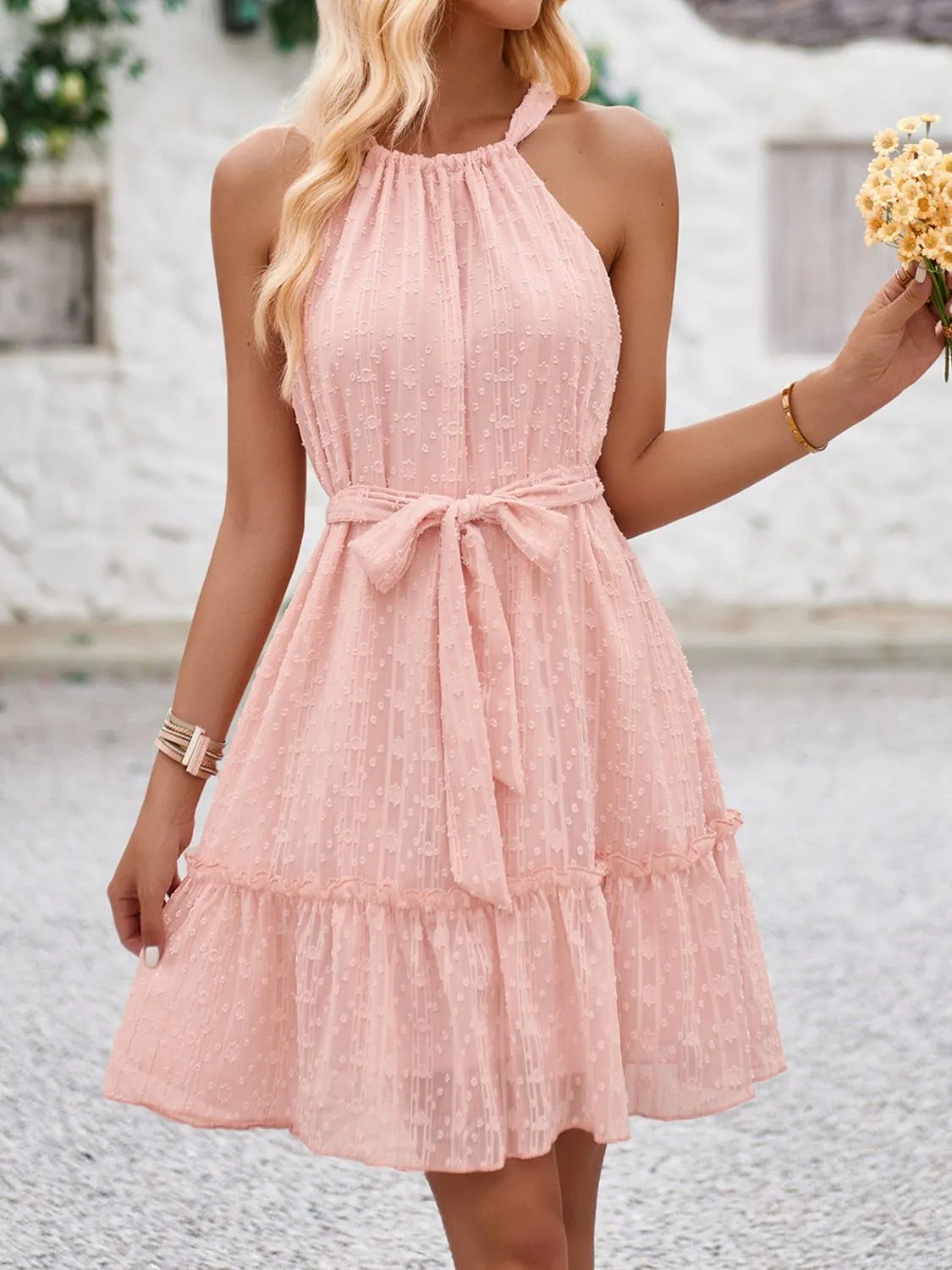Tied Frill Sleeveless Mini Cami Dress.