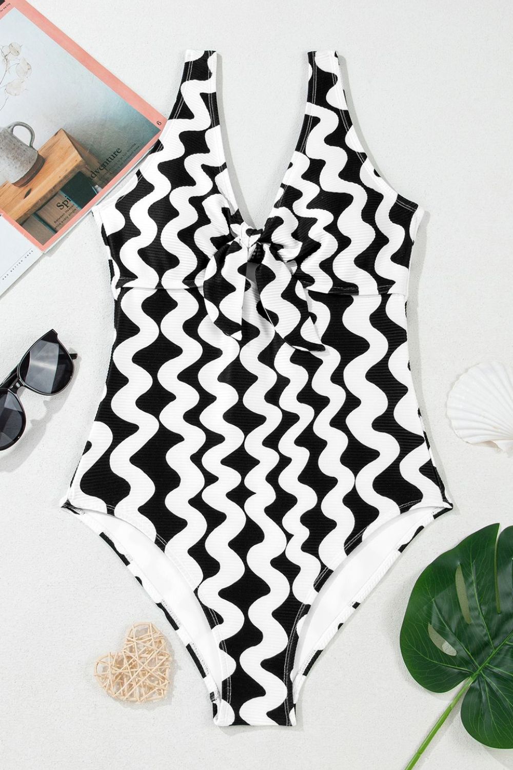 Tied Front Contrast Striped One-Piece Swimsuit.