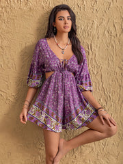 Tied Front Cutout Printed Romper