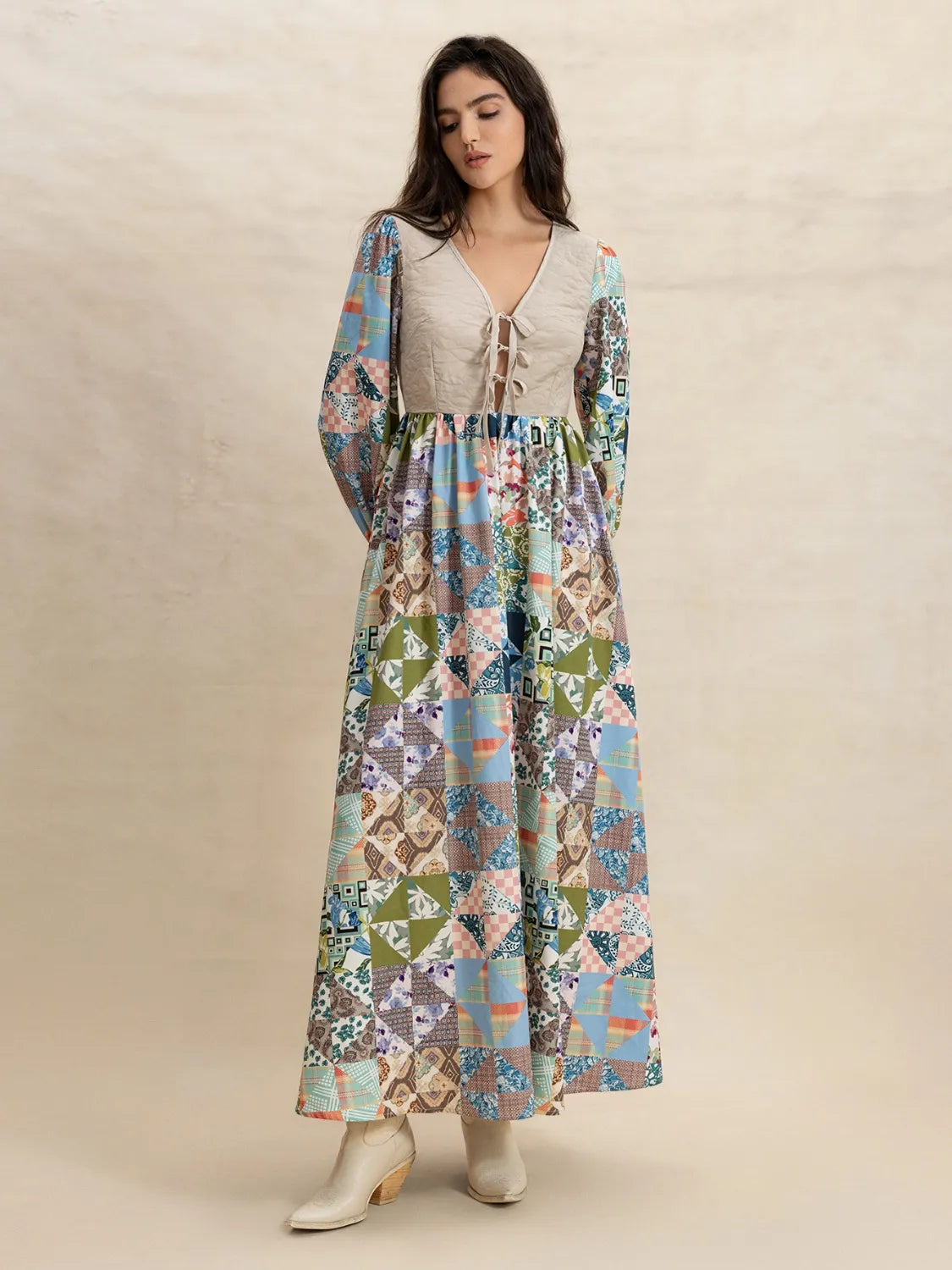 Tied Front Printed Long Sleeve Maxi Dress.