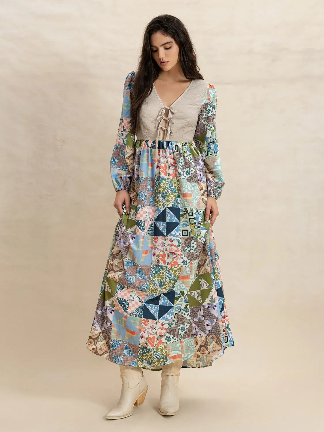 Tied Front Printed Long Sleeve Maxi Dress.