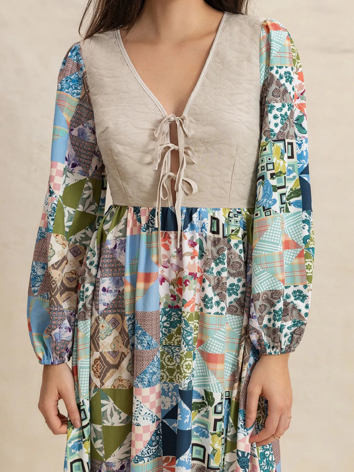 Tied Front Printed Long Sleeve Maxi Dress.