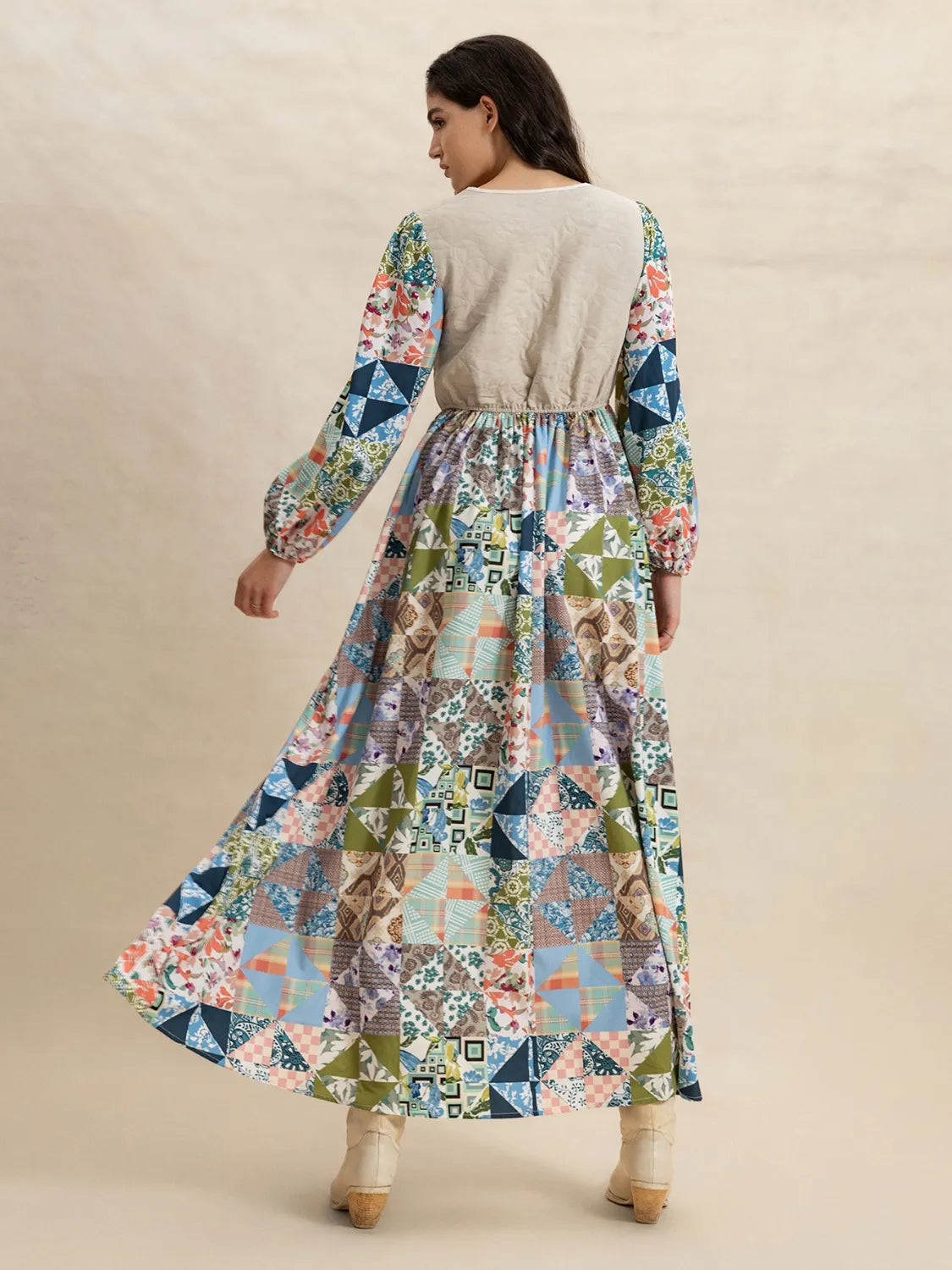 Tied Front Printed Long Sleeve Maxi Dress.