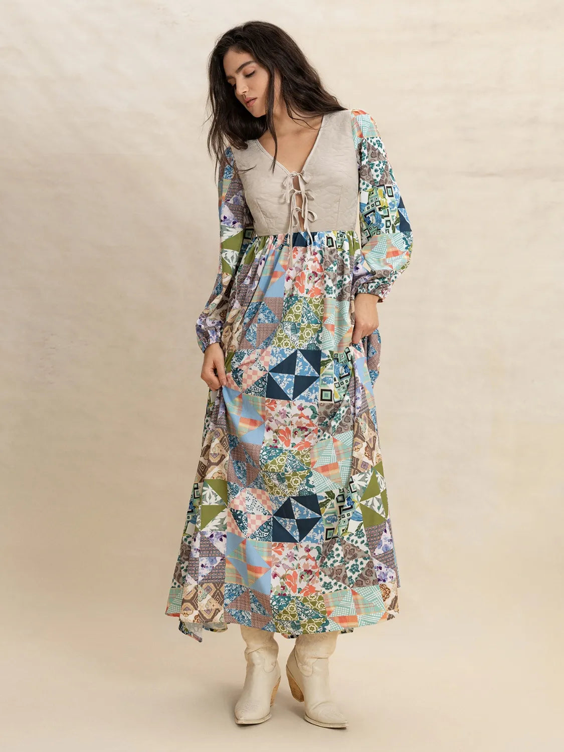 Tied Front Printed Long Sleeve Maxi Dress.
