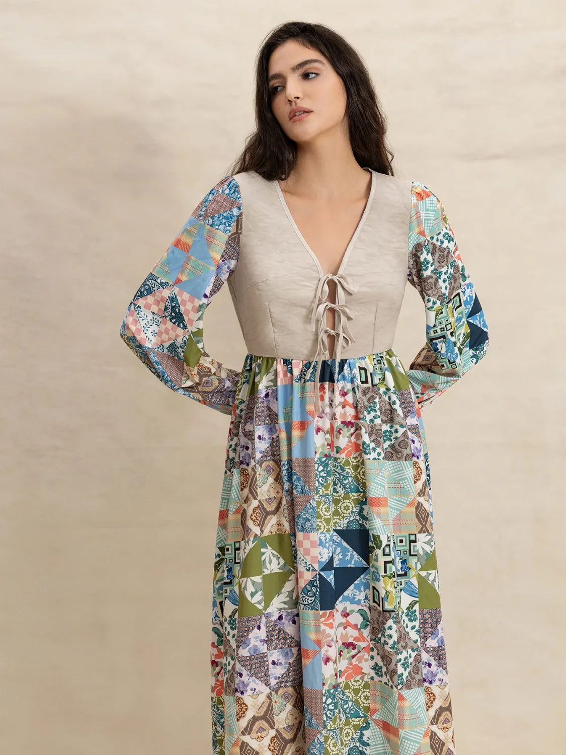 Tied Front Printed Long Sleeve Maxi Dress.