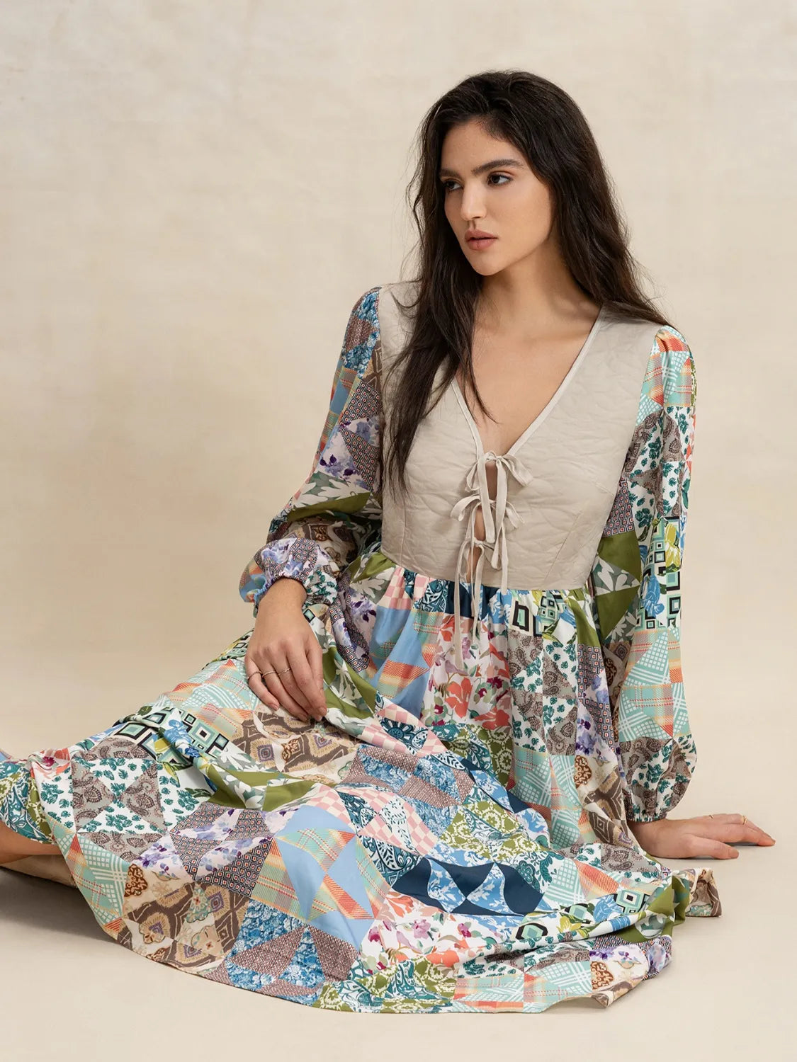 Tied Front Printed Long Sleeve Maxi Dress.