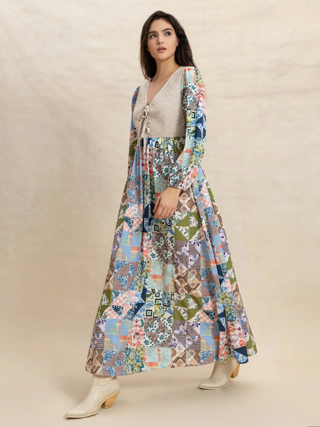 Tied Front Printed Long Sleeve Maxi Dress.