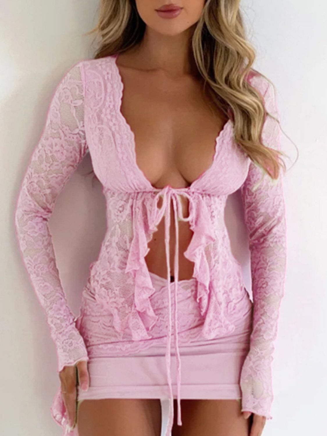 Devine Tied Front Ruffled Long Sleeve Lace Shirt.