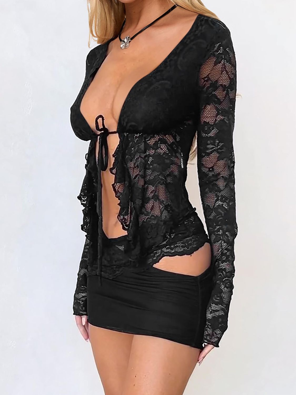 Devine Tied Front Ruffled Long Sleeve Lace Shirt.