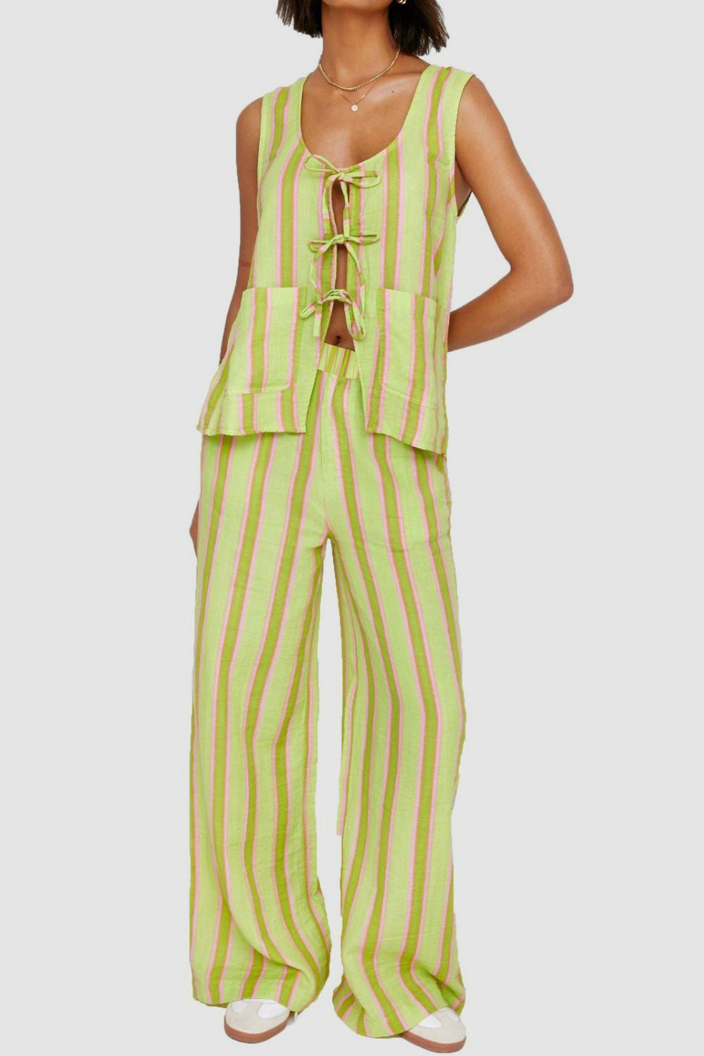Tied Front Striped Top and Pants Set.