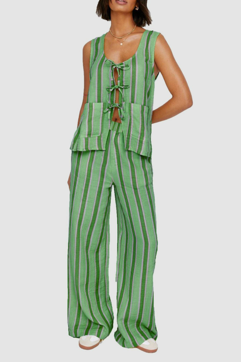 Tied Front Striped Top and Pants Set.