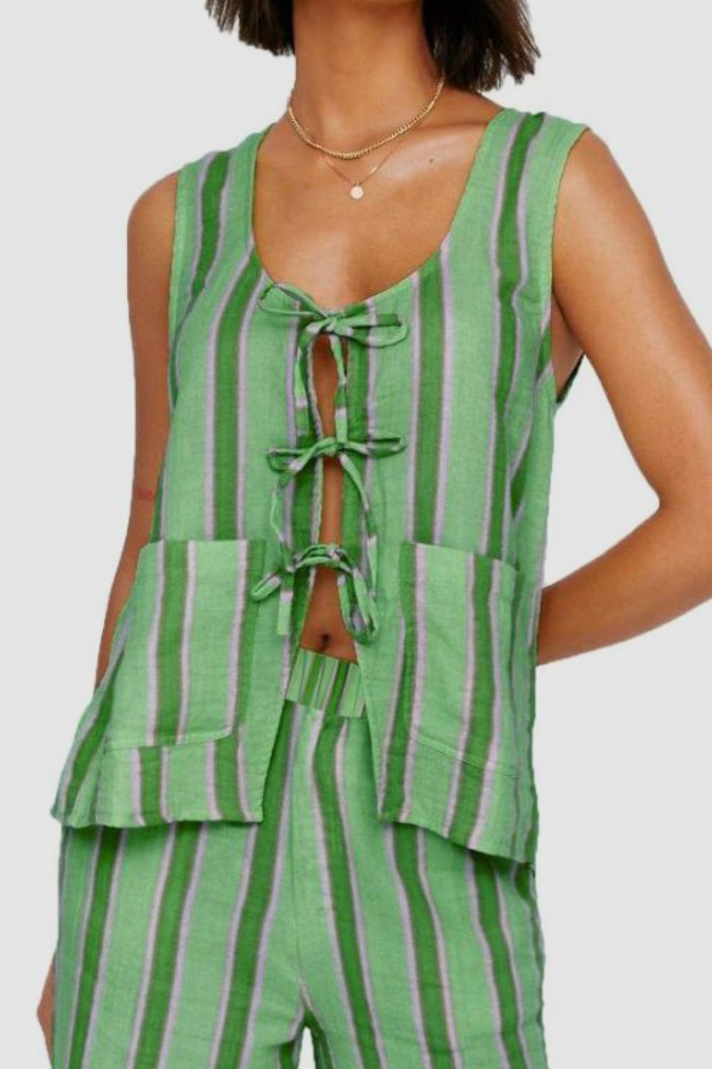 Tied Front Striped Top and Pants Set.