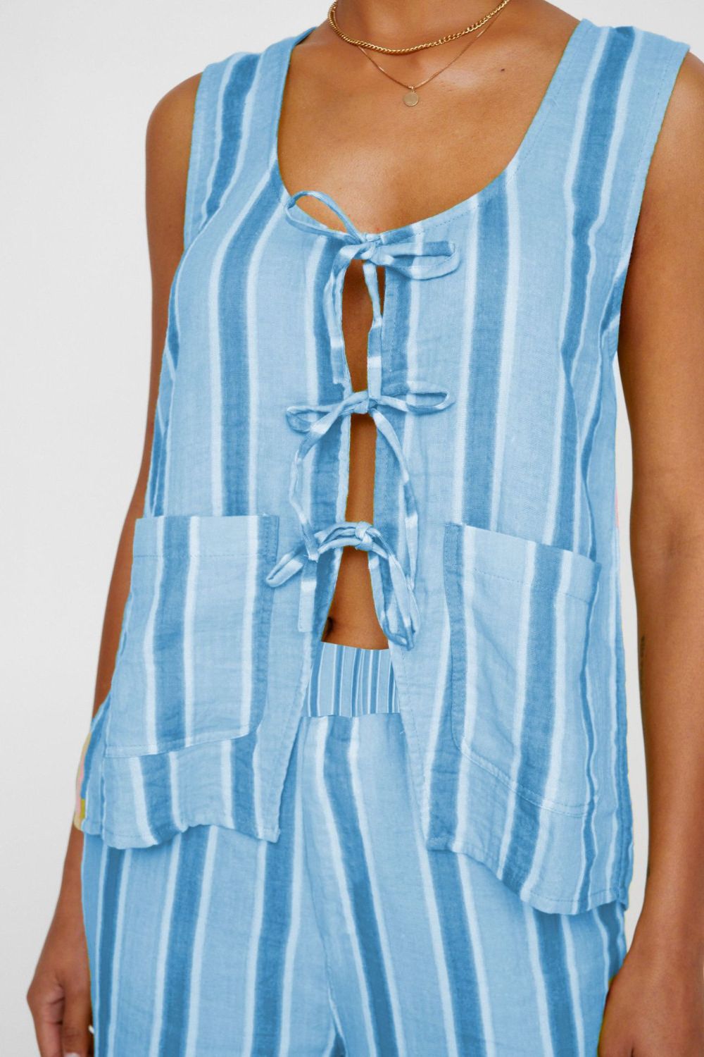 Tied Front Striped Top and Pants Set.