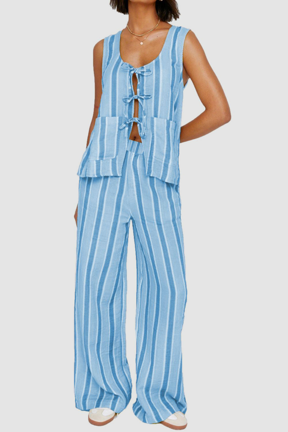 Tied Front Striped Top and Pants Set.