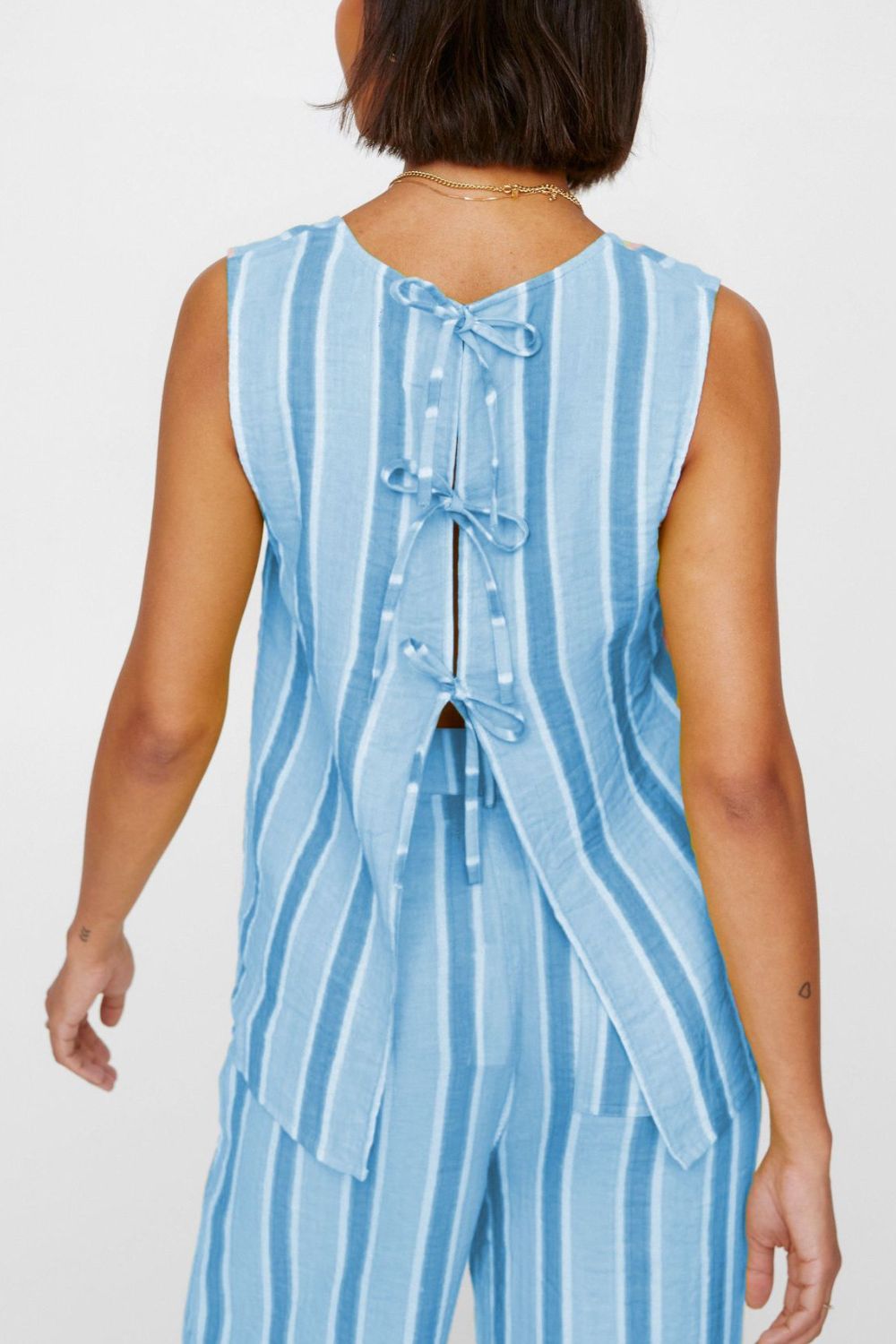 Tied Front Striped Top and Pants Set.