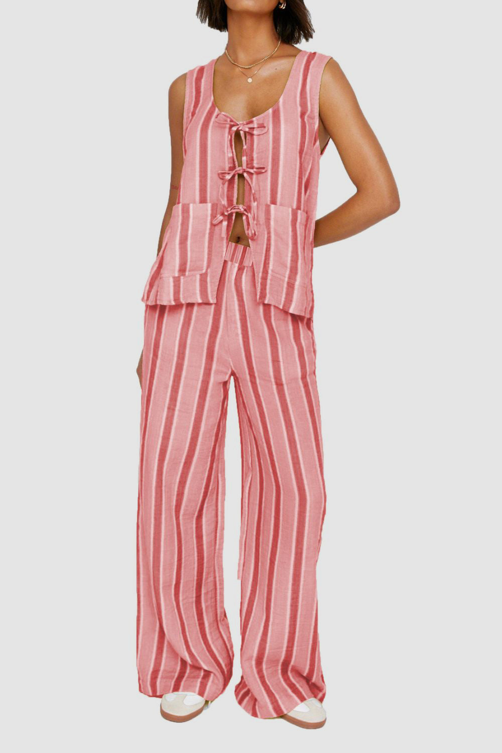 Tied Front Striped Top and Pants Set.