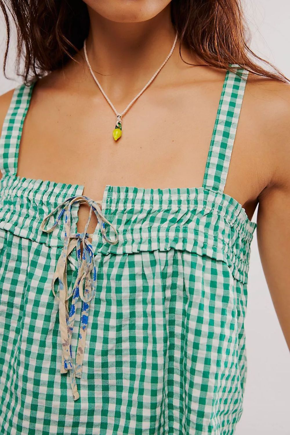 Tied front textured square neck cami, opaque.