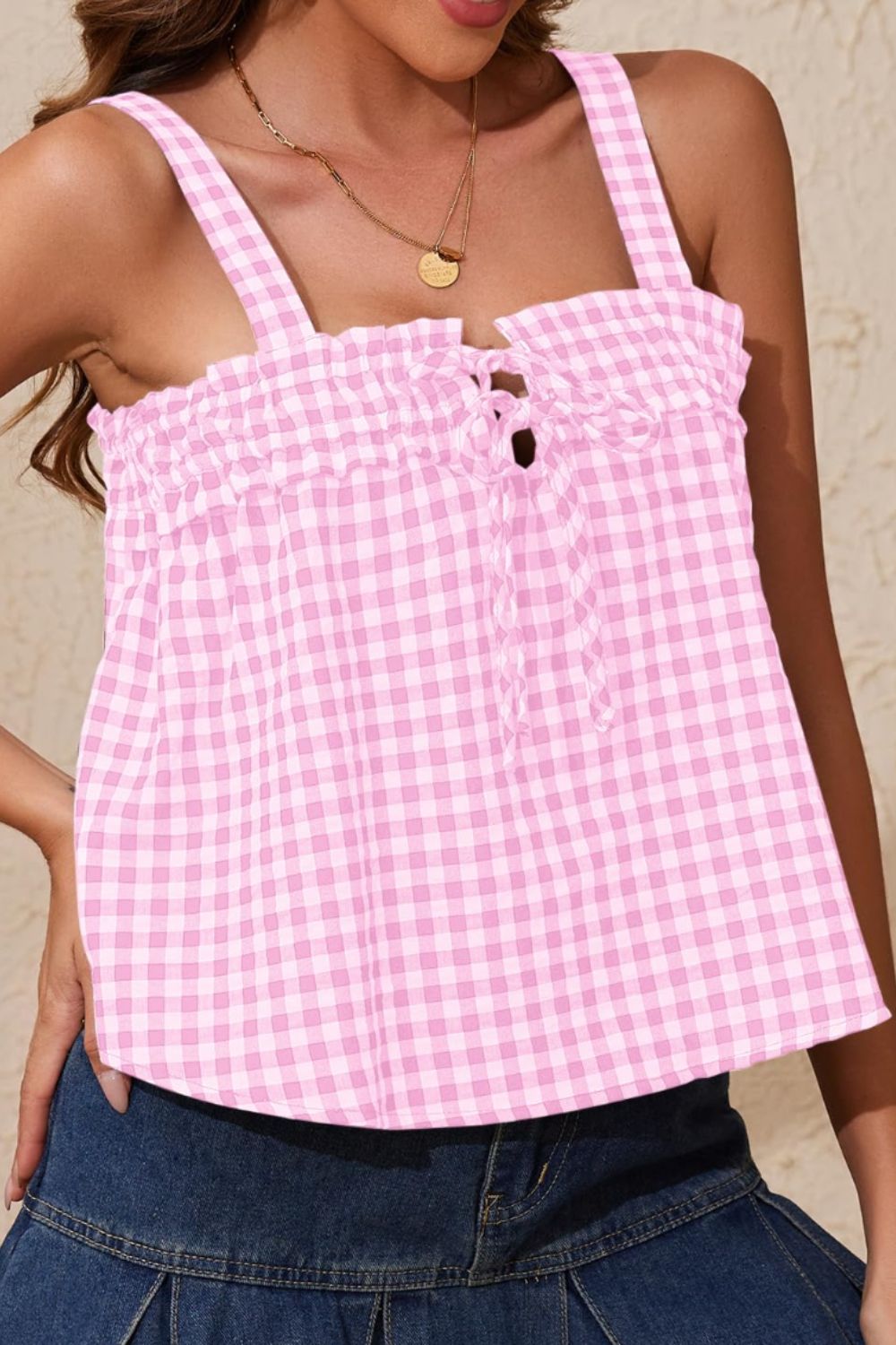 Tied front textured square neck cami, opaque.