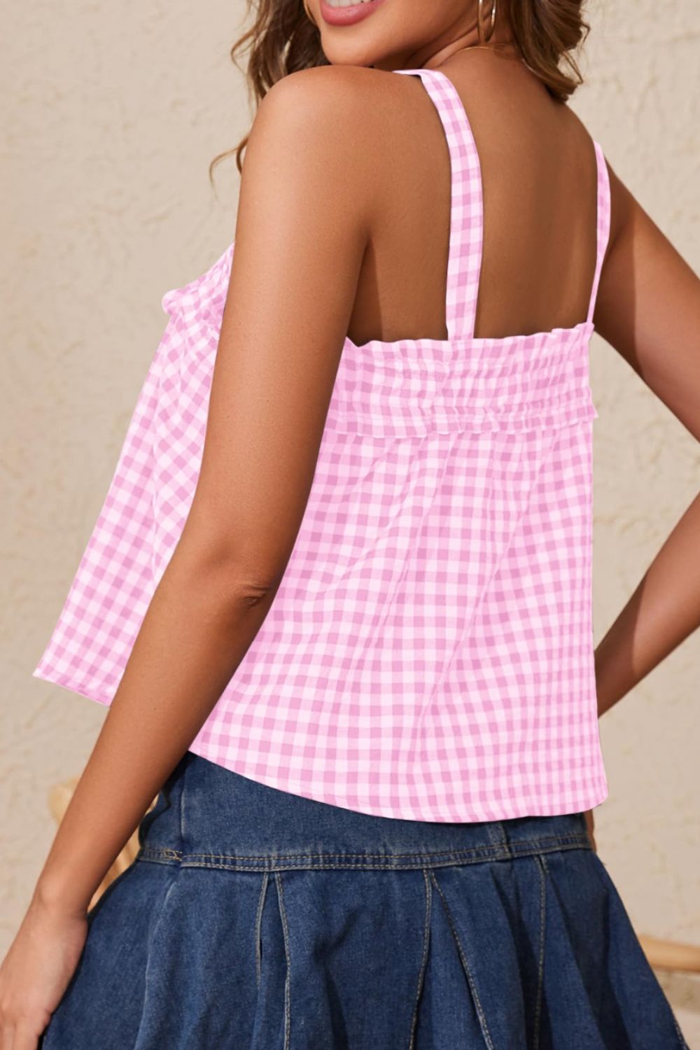 Tied front textured square neck cami, opaque.