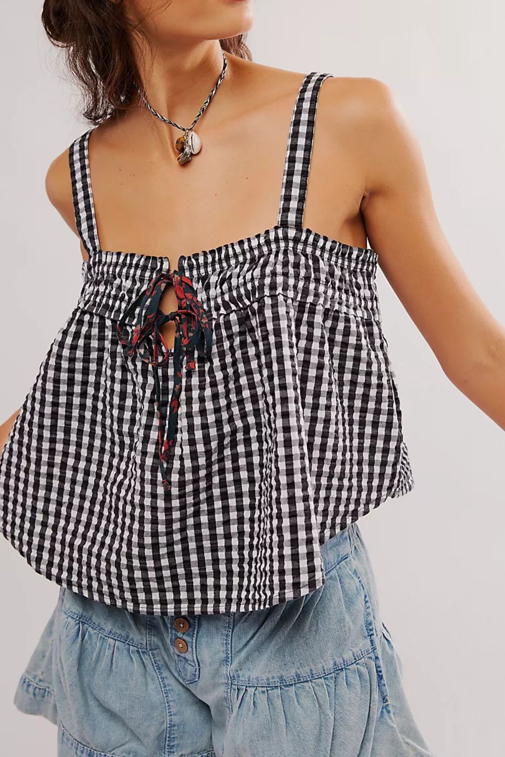 Tied front textured square neck cami, opaque.