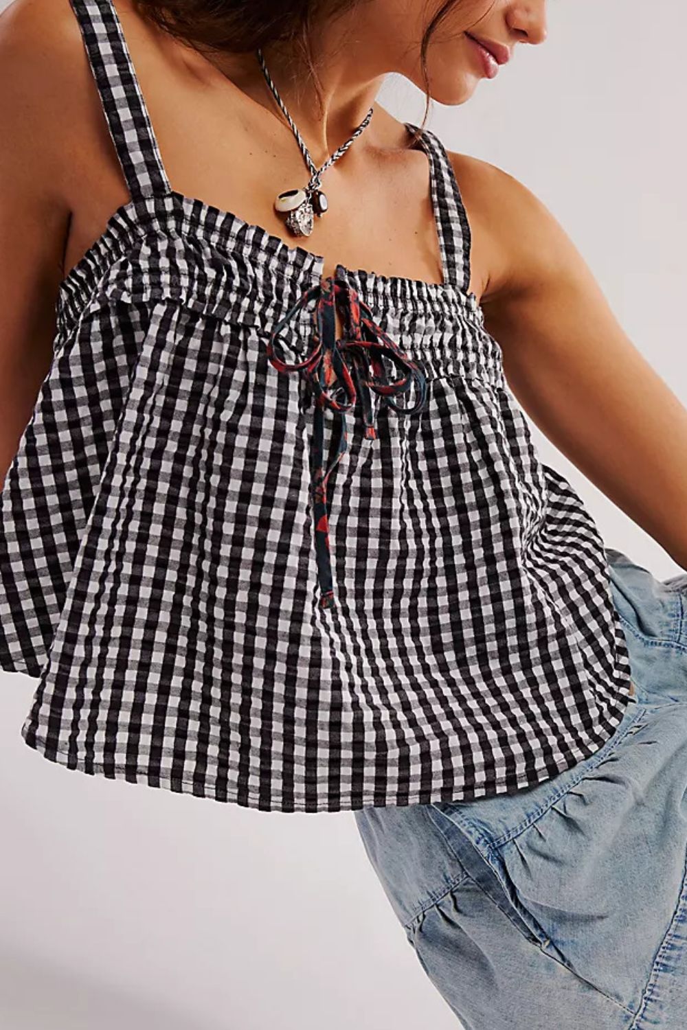 Tied front textured square neck cami, opaque.