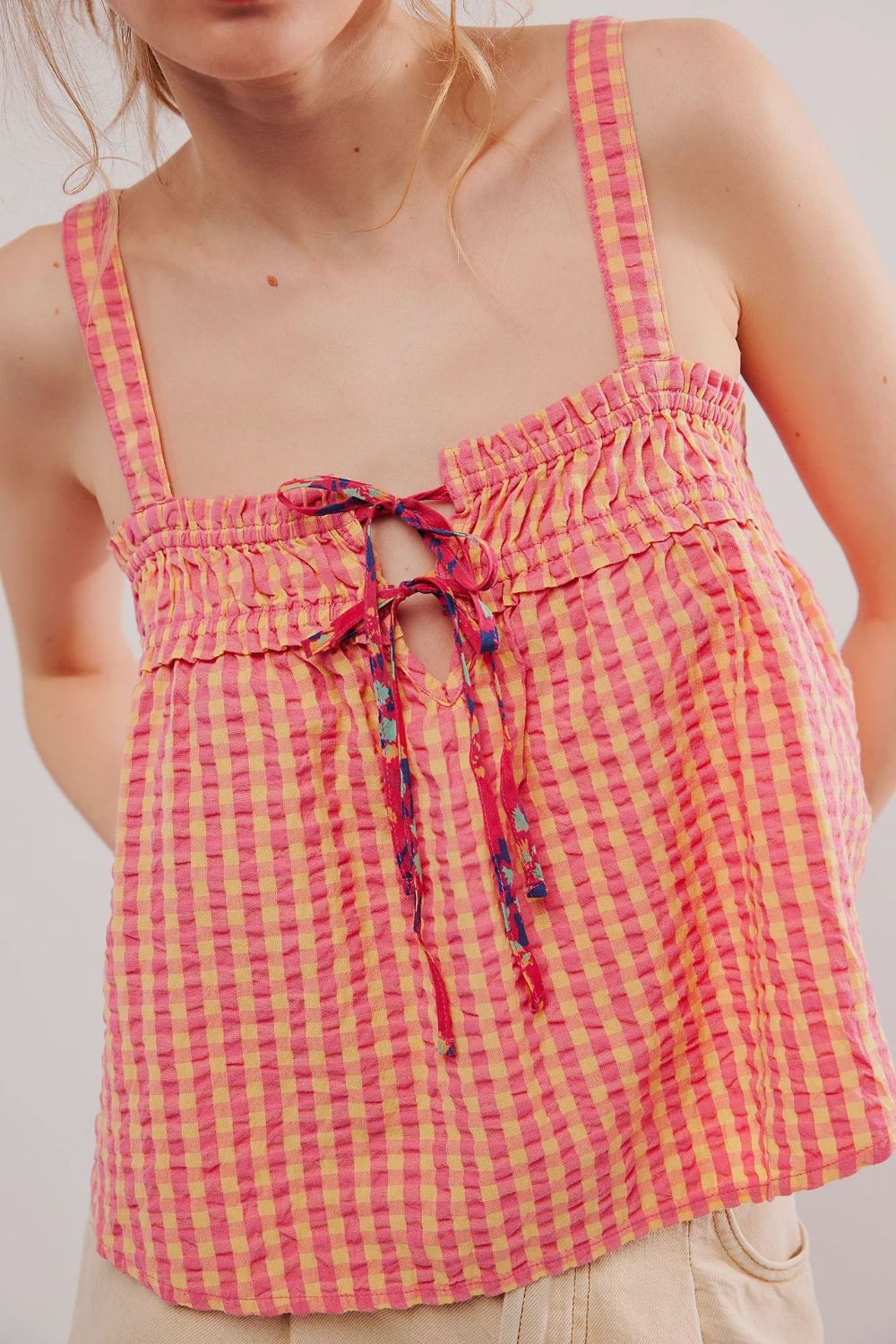 Tied front textured square neck cami, opaque.